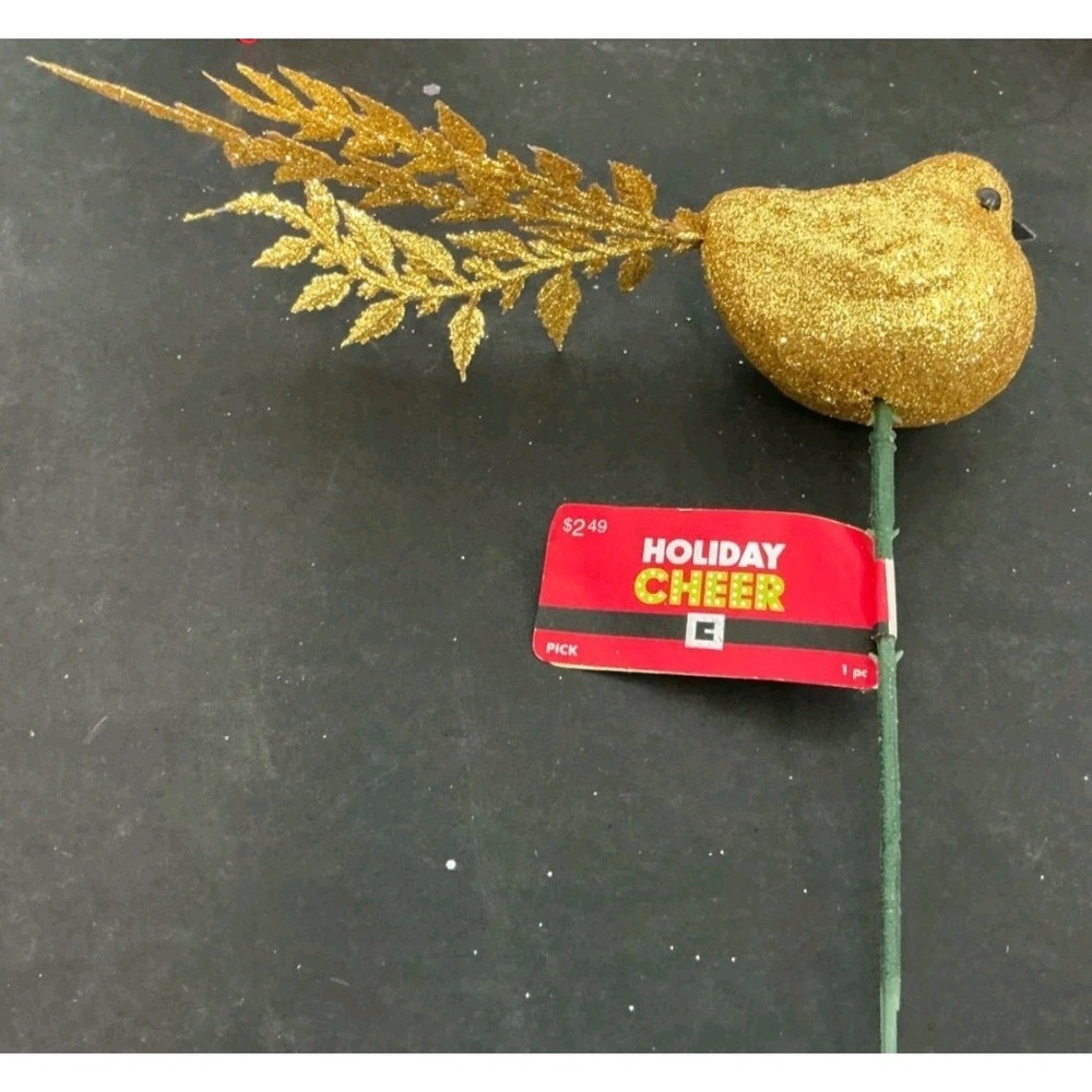 Holiday Cheer Gold Glitter Bird Floral Pick Christmas Tree Stem Decoration New